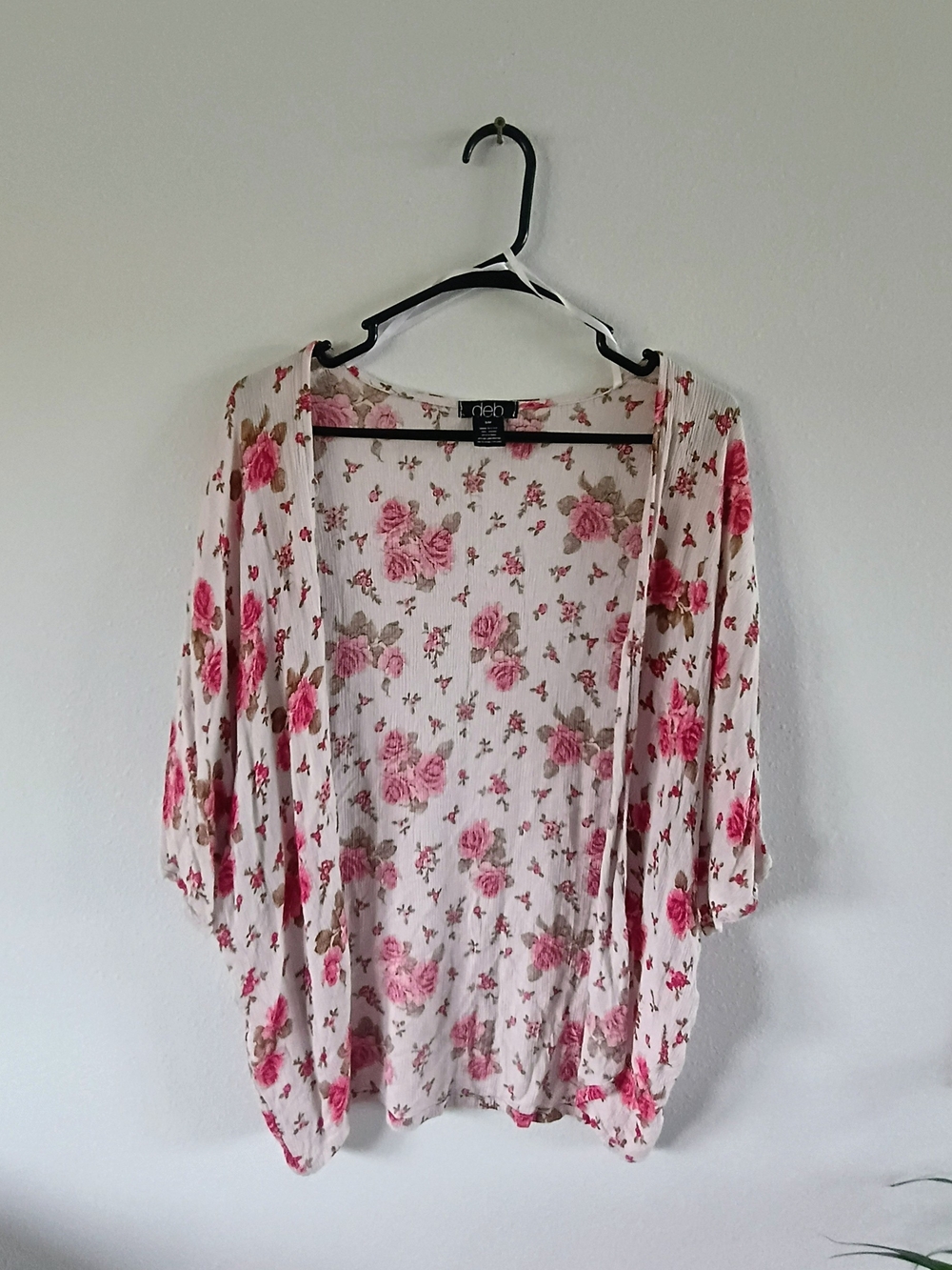 Deb S M Floral Rose Open Front Kimono Cardigan Boho Rayon Made US Ivory Pink
